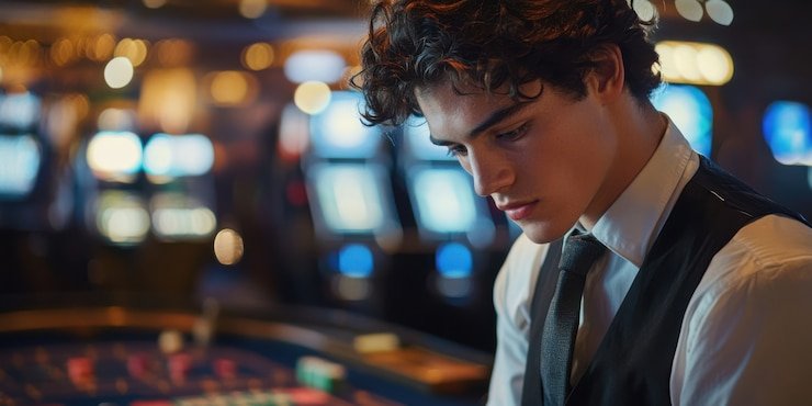 Dealer profesional athersx2 mengatur kartu Teen Patti di meja kasino langsung